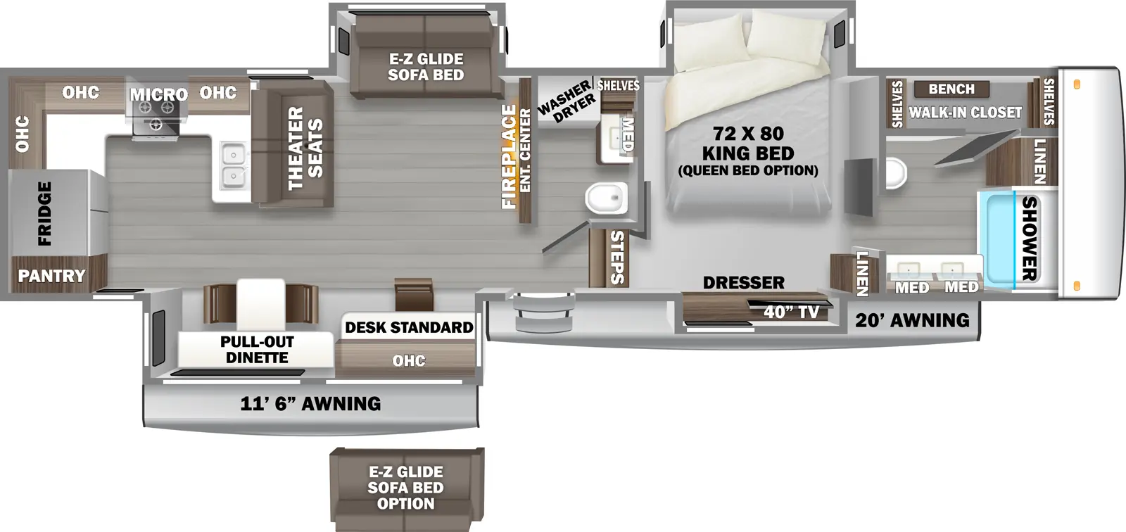 The Riverstone 39RKFB has one entry door, an electric awning and three slideouts. One slideout is on the door side, the other two are on the off door side. This floorplan has two bathrooms. The entry door leads to a living area on the left, a door to a bathroom straight ahead and steps to the right leading to the bedroom sliding door. The living area has a door side slideout to the left of the entry door. The slideout has a desk with a chair and a pull-out-dinette with two chairs. The rear of the living area has a kitchen area with pantry, refrigerator and a U-shaped countertop. The countertop has a stove and a sink. Overhead storage is above the countertop and a microwave is above the stove. In front of the sink area of the countertop is a sofa with theater style seating. The off door slideout in the living area has a sofa. The front of the living area has an entertainment center with a fireplace. The middle bathroom has a washer/dryer, storage shelves a sink and a toilet. Up the steps to the right of the entry door is a sliding door leading to the bedroom. The bedroom off door slideout has a king bed. The door side of the bedroom has a slideout. The slideout has a dresser and a 43 inch TV. The front of the bedroom has a sliding door leading to a front bathroom. This bathroom has a toilet directly to the left. The bathroom has a walk-in closet with shelves and a bench on the off-door side. The front of the bathroom has a linen closet and a shower with a seat. The door side o